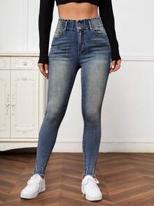 EMERY ROSE Women's Casual Washed Slant Pocket Skinny Jeans - Medium Wash - View 3