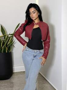 Vassilux 女士秋冬街头服饰 狂欢嬉皮运动休闲 Y2K 基本款皮革舒适拉链勃艮第红色修身短款长袖夹克 - 紅色 - 查看 5