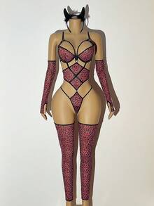 Bare Chapter 5pcs Sexy Leopard Print Criss-Cross Jumpsuit Lingerie Set For Women - Multicolor - View 7
