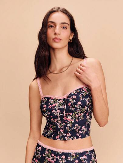 lacRébo 复古春夏印花吊带背心，配粉色蕾丝边和肩带