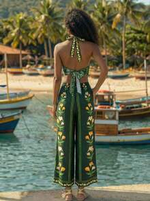 CAJUNI Women's Summer Vacation Floral Print Halter Backless Jumpsuit - Army Green - View 2