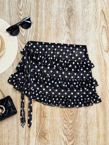 Bellisia 2026 Latest Bestselling Black Background White Dot Print 3-Layer Ruffle Asymmetric Bow Tie Design Swimsuit Skirt, Sweet & Cute Style For Summer Beach Vacation - Black and White - View 4