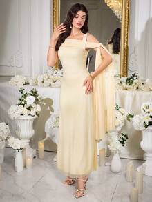 Modelyn Women's Solid Color Ribbon Design Elegant Party Dress - Light Yellow - View 7