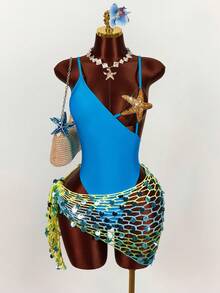 Amplova 女士海星胸罩拼接连体泳衣，性感前卫，适合海滩度假，蓝色纯色连体泳衣 - 藍色 - 查看 11