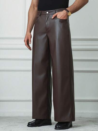 HUEFORM Men's Brown PU Leather Relaxed Fit Wide Leg  Pants, Straight Leg, & Versatile Leather Trousers, Streetwear Pants,Boyfriend Gifts Brown Leather Pants Men Designer Pants