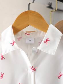 女童夏季可爱白色长袖衬衫，后背系蝴蝶结，数码印花，不规则下摆，小翻领，纽扣闭合，轻薄透气，适合日常穿着，春夏蝴蝶结衬衫 - 白色 - 查看 4