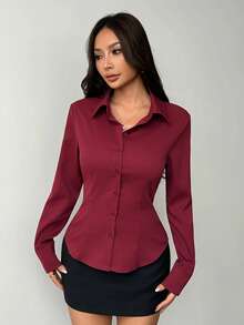 SHEIN PETITE 1件女士纯色纽扣前开襟长袖休闲衬衫 - 酒紅色 - 查看 9