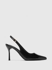 CUCCOO BIZCHIC Damen schwarze Lackleder spitze Zehen Stiletto Absatz rückenfreie modische sexy High Heels - Schwarz - Übersicht 2