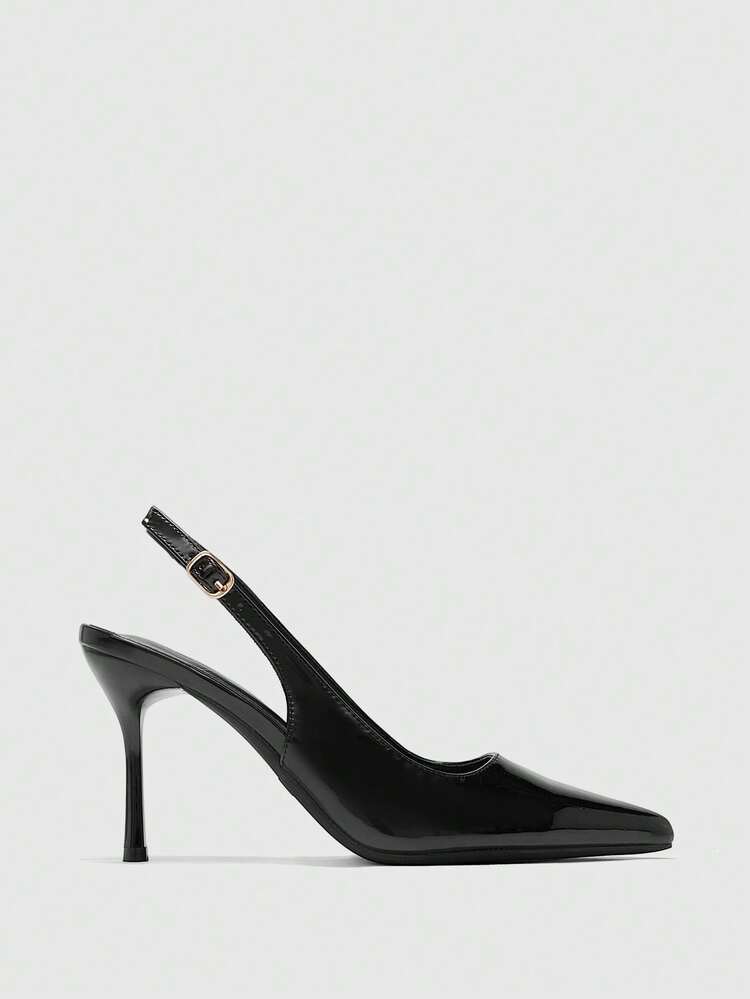 CUCCOO BIZCHIC Women's Black Patent Leather Pointed Toe Stiletto Heel Backless Fashionable Sexy High Heels Spring Shoes