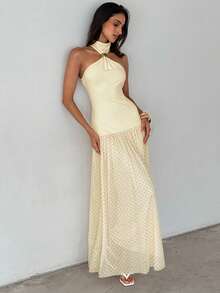 Aloruh 女士优雅性感网纱印花连衣裙 - 橘色 - 查看 6