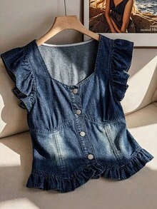 GlowEve Women's Casual Vacation Ruffle Armhole Denim Top, Suitable For Daily Commute - Blue - View 3