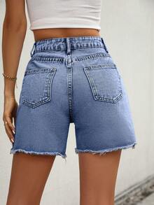 SHEIN Frenchy Shorts vaqueros sencillos con bolsillo delantero y botones para mujer, uso casual diario - Azul - Ver 2