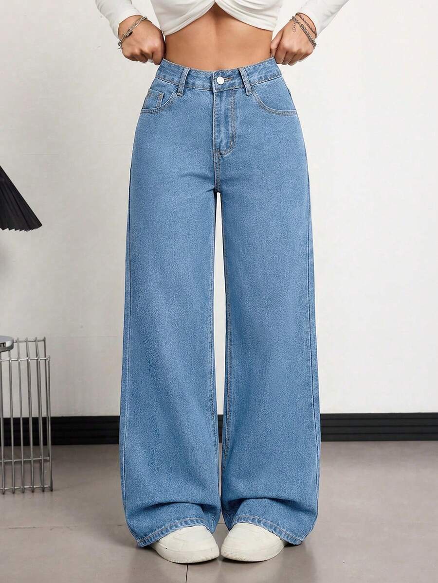 SHEIN Tall 女士中腰休闲系带直筒宽松百搭牛仔裤 - 中等水洗藍 - 查看 1