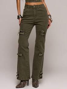 MUSERA Calça jeans flare ajustada com detalhe de fivela na cintura média, perfeita para primavera/verão, encontros românticos, baladas, festivais, férias e passeios. Soul Ties - Verde de Exercício - Ver 2