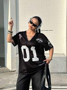 Muchica Áo thun nữ cỡ lớn cổ chữ V tay ngắn dáng rộng thoải mái đa năng, thích hợp cho mùa xuân/hè, phong cách lễ hội 2026, đi chơi, nghỉ lễ, áo thun in hình, màu đen, áo mùa hè. - Nhiều màu - Xem 6