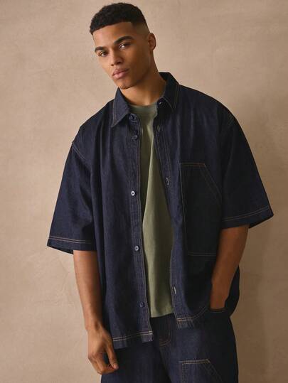 Musero Dropped Shoulder Short Sleeve Button Through Collared Denim Shirt Seam Detail Top Spring Summer Essentials