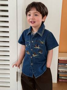 DAZY Toddler Boys' Turndown Collar Embroidery Korean Style Washed Casual Denim Shirt Summer - Blue - View 6