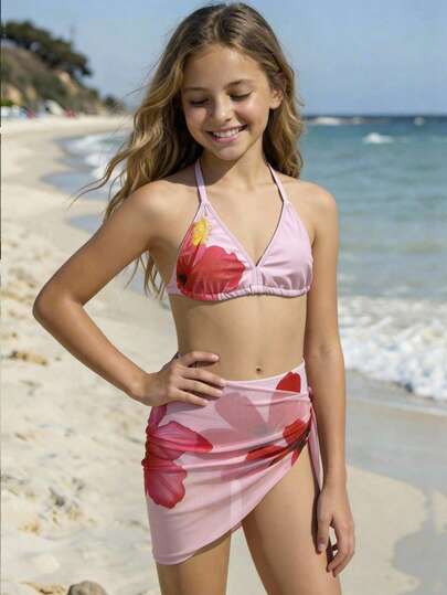 Conjunto de bikini para niñas preadolescentes, top triangular con estampado floral ditsy y falda con volantes, conjunto de traje de baño (estampado surtido). Traje de baño floral para niñas, bikini rosa, conjunto de 3 piezas. Conjunto de playa para niñas con flores, conjunto de traje de baño de 3 piezas, traje de baño floral para niñas, bikini rosa, verano vacaciones