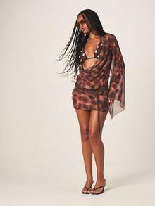 MISSGUIDED Sheer Mesh Leopard Print Long Sleeve Cowl Neck Mini Dress With Flowing Drape Design - Coffee Brown - View 4