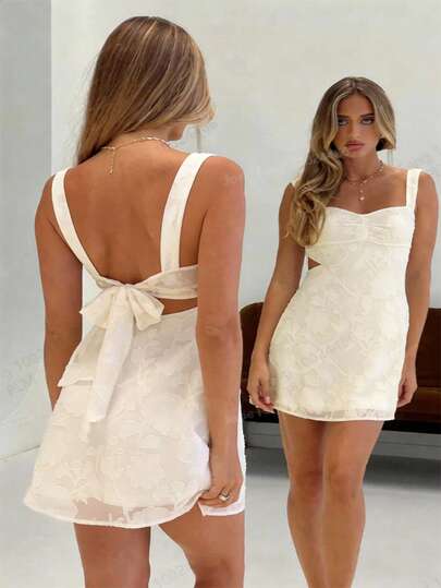 Aloruh Women's Elegant Square Neck Backless Tie Strap Jacquard Fabric Solid Color Mini Dress,Women White Dress,Summer Dresses For Women,Spring Outfit Women ,Valentines Day Dress ,Elegant Dresses For Party,Beach Dresses For Women,Wedding Guest Dress, Elegant Dresses For Women