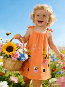 SHEIN Playful Pals 女婴服装 女婴连衣裙 全花卉图案 吊带蝴蝶结 夏季优雅清新连衣裙 - 橘色 - 查看 4