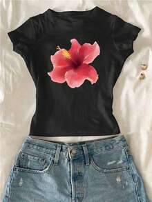 少女花朵贝壳印花短袖T恤，休闲舒适，适合户外、运动、摄影、居家、学校、节日等场合，也是馈赠佳品。 - 彩色 - 查看 4