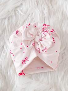 SHEIN 新生儿蝴蝶结印花可爱连体衣配帽子，秋冬季 - 淺粉色 - 查看 4