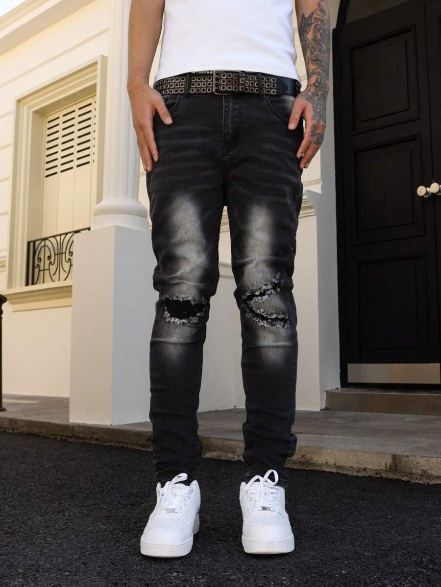 Manfinity LEGND Men's Black Distressed Patch Skinny Fit Jeans, Streetwear Style, All Season - Black - View 1
