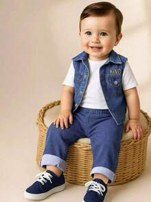 SHEIN 3 Piezas/set Chaleco De Mezclilla Con Bordado De Letras Para Niños Pequeños Con Pantalones Largos Y Camiseta De Capa Base - Azul - Ver 7