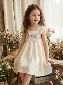 Souflis Souflis Girls' Summer Casual Elegant Sleeveless Square Neck Dress, Suitable For Daily Outings, Beach Trips, Vacations And Other Summer Occasions - Apricot - View 12