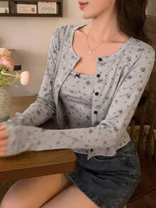 FRIFUL 2pcs/Set Women Ditsy Floral Camisole & Long Sleeve Top - Grey - View 7