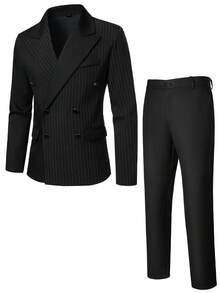 Manfinity Mode Bộ vest công sở nam kiểu Anh, ve áo kẻ sọc, hai hàng khuy, tay dài. - màu đen - Xem 3