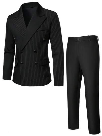 Manfinity Mode Bộ vest công sở nam kiểu Anh, ve áo kẻ sọc, hai hàng khuy, tay dài.