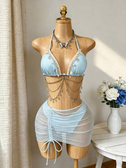 Bellisia 2026 最新畅销爱琴海蓝链条装饰胸前贝壳珍珠点缀布肩带设计性感荷叶边裙摆三件套比基尼，夏季海滩度假