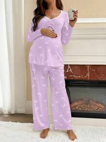 SHEIN 2pcs Maternity Bow Print Long Sleeve Top And Pants Set - Mauve Purple - View 4