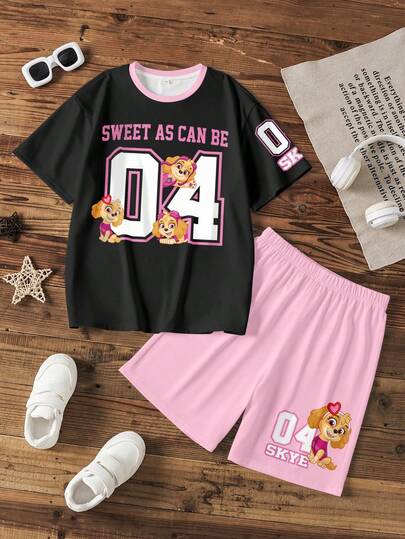 SHEIN | PAW Patrol 女童字母卡通印花短袖T恤和粉色短裤套装