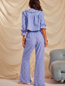 Aralina Sleepwear 2pcs Plain Print Red Gingham Collared Tie Front Long Sleeve Button Down Shirt And Wide Leg Pant Sleep Set With Ruffle Detail , Cute Christmas Pajama Set - Royal Blue - View 2