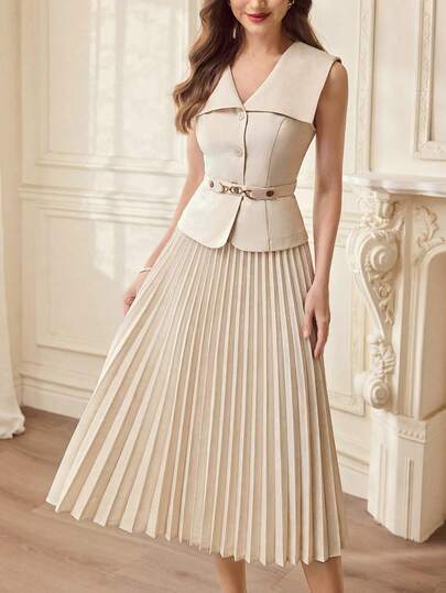 Vintamour Vintage Elegant Women 2-Piece Suit Set, Vest Top With Button & Belt, Pleated Skirt, Casual, Work, Holiday, Party Outfit