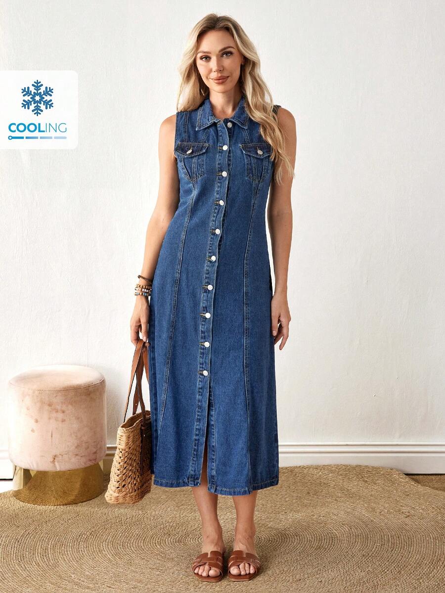 SHEIN Essnce Vestido de mezclilla de verano para mujer con botones frontales y sin mangas de unicolor - Azul - Ver 1