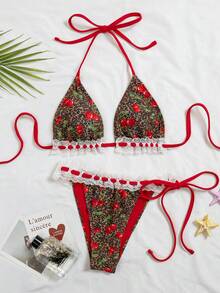 Swim Mod 2pcs/Set Funny Beach Vacation Leopard Print & Fruit Pattern Lace-Up Halter Top + Leopard Print & Fruit Pattern Lace-Up Waist Pants, Hot Selling Spring/Summer,Weddings & Events, Lace Trim Bikini, Cherry Print Bikini,Valentine's Day - Multicolor - View 2