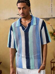 ROMWE MEN Top décontracté à manches courtes en tricot ajouré de couleur contrastée pour hommes - Multicolore - Voir 9