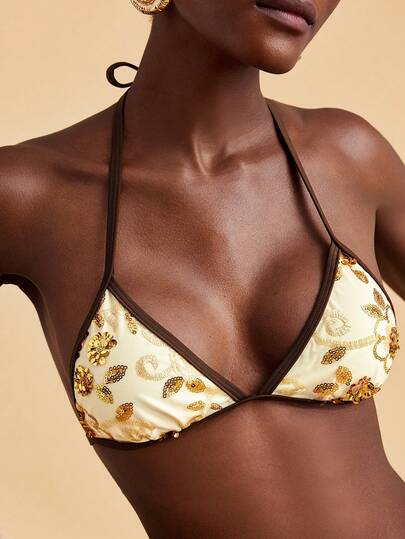 Travachic Women's Summer Beach Floral Sequin Halter Tie Sexy Bikini Swimwear Set