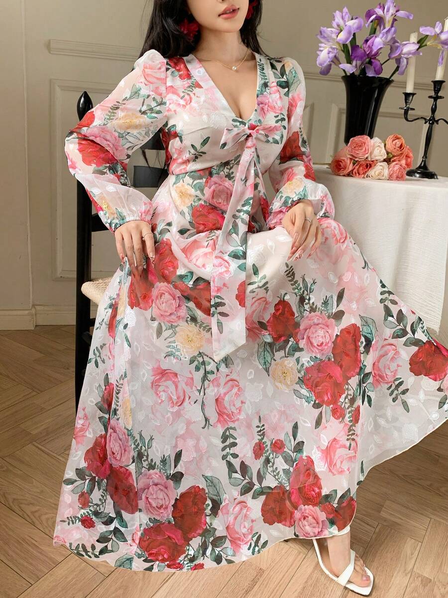 DAZY 女士印花前系结灯笼袖优雅连衣裙 - 米色 - 查看 1