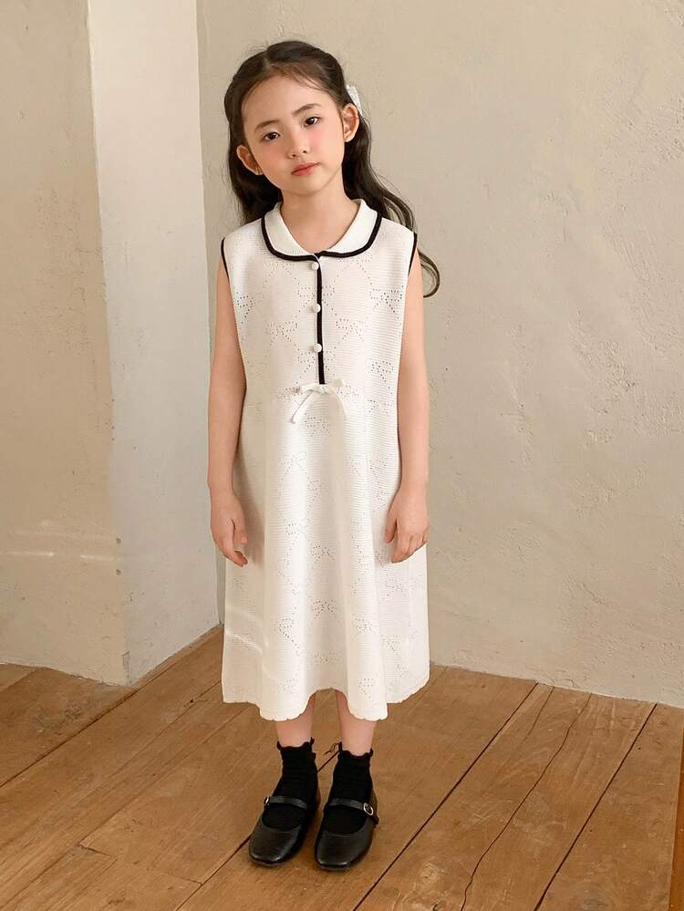 Young Girls Collared Contrast Color Korean Style Sleeveless Sweater Dress