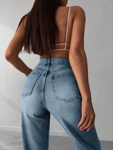 SHEIN Tall High Waist Raw Hem Wideleg Jean - Dusty Blue - View 3