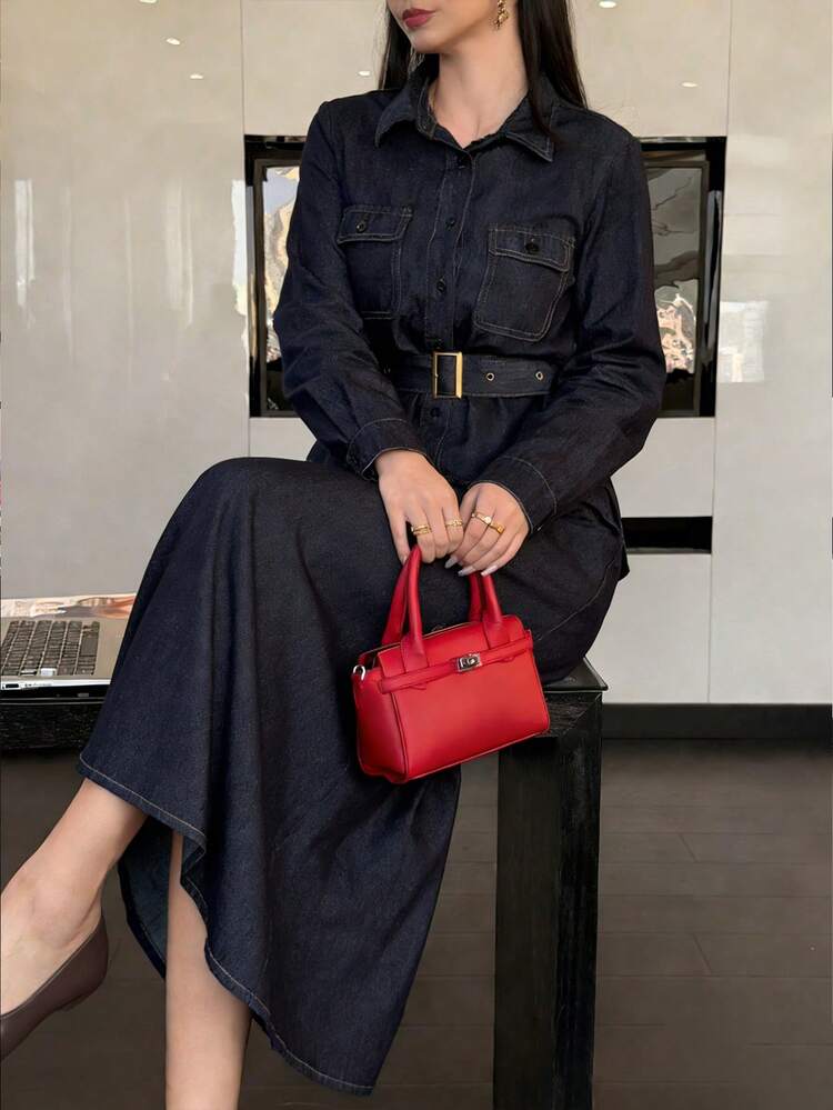 Women's Casual Denim Collared Top And Skirt Set