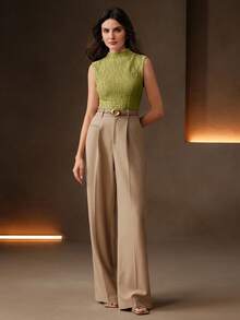 Anewsta Áo tank top không tay cổ bèo nhún, chất liệu vải trơn, thời trang mới về dành cho nữ. - màu xanh lá - Xem 5