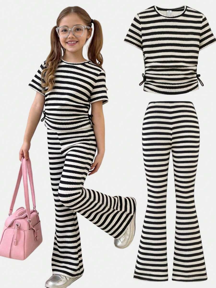 SHEIN Girlism 少女针织提花条纹短袖上衣和喇叭裤休闲套装 - 黑與白 - 查看 1