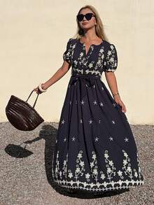 DAZY Spring Round Neck Petal Sleeve Waist Embroidered Women's Mid-Length Dress - Navy Blue - View 4