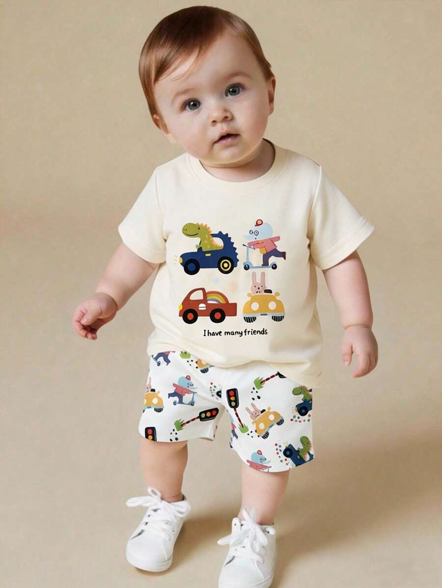 SHEIN Playful Pals Bộ đồ cho bé trai gồm áo tay ngắn và quần short in hình động vật và ô tô hoạt hình dễ thương, thích hợp cho các chuyến đi chơi mùa xuân/hè và mặc hàng ngày. - Màu be - Xem 1